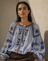 Azure Embroidered Balloon Sleeve Top