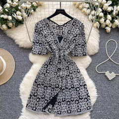 Midnight Muse Lace Mini Dress – Black & White Elegance