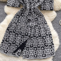 Midnight Muse Lace Mini Dress – Black & White Elegance