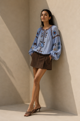 Azure Embroidered Balloon Sleeve Top