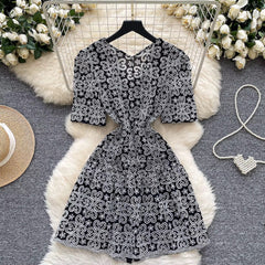 Midnight Muse Lace Mini Dress – Black & White Elegance