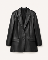 Black leather blazer on a light gray background