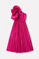 Fuchsia pleated dress with a large bow on a white background