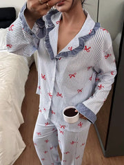 Blue Stripe Bow Detail Pajama Set