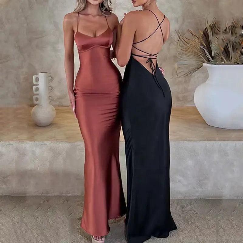 Gia Satin Backless Maxi Dress - Label Frenesi Fashion