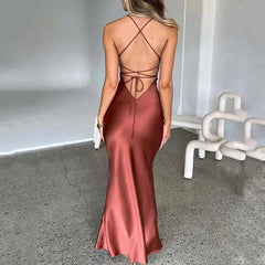 Gia Satin Backless Maxi Dress - Label Frenesi Fashion