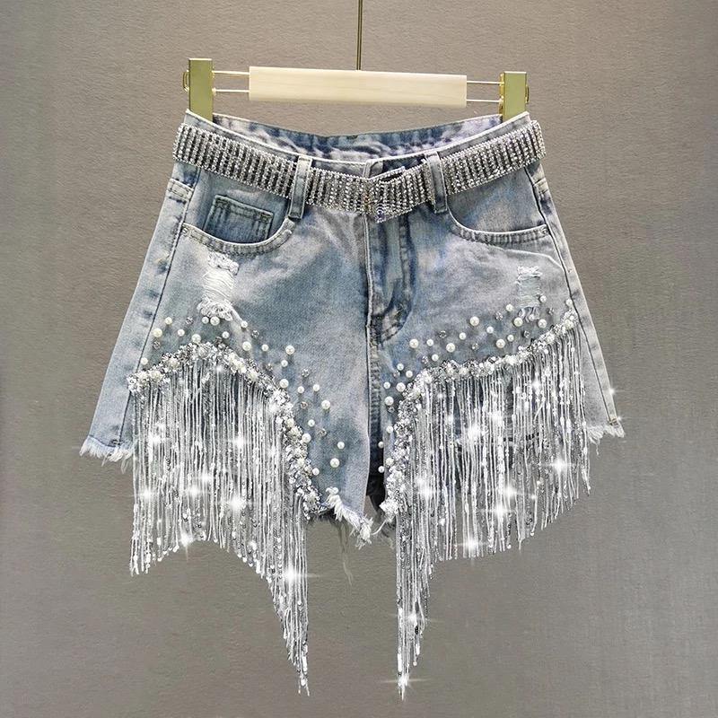 Rhinestone Fringe Denim Shorts 