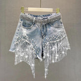Rhinestone Fringe Denim Shorts