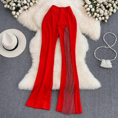 Rhinestone Mesh Slit Pants - Label Frenesi Fashion