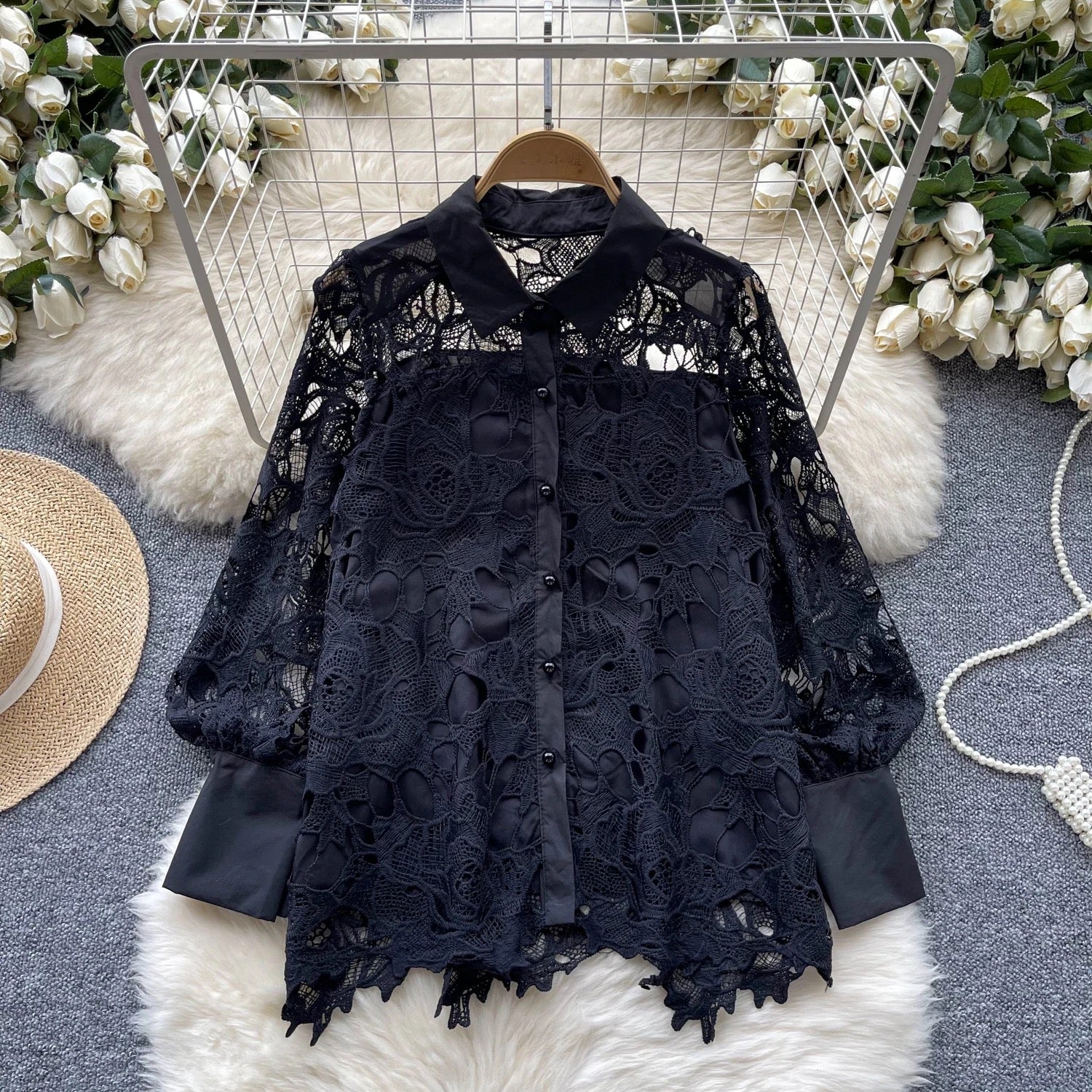 Rose Lattice Lace Top Black S - Main Image