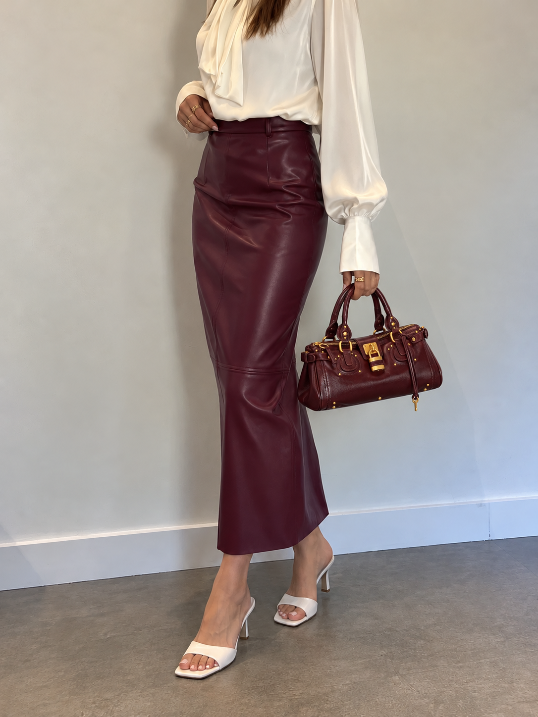 Bordeaux Faux Leather Midi Skirt