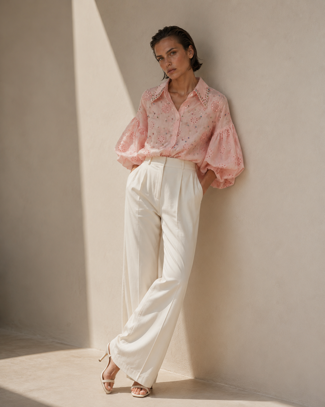 Blush Embellished Puff Sleeve Shirt