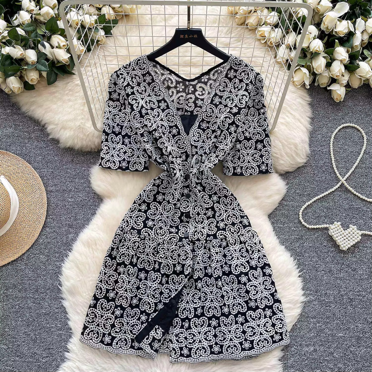 Midnight Muse Lace Mini Dress – Black & White Elegance