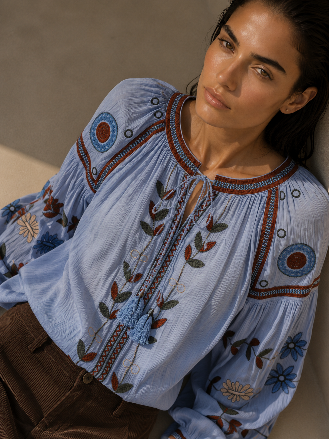 Azure Embroidered Balloon Sleeve Top