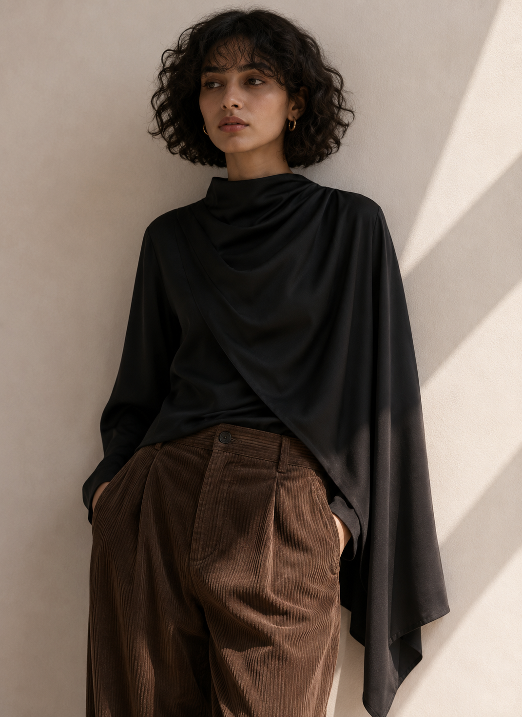 Noir Satin Drape Cape Top