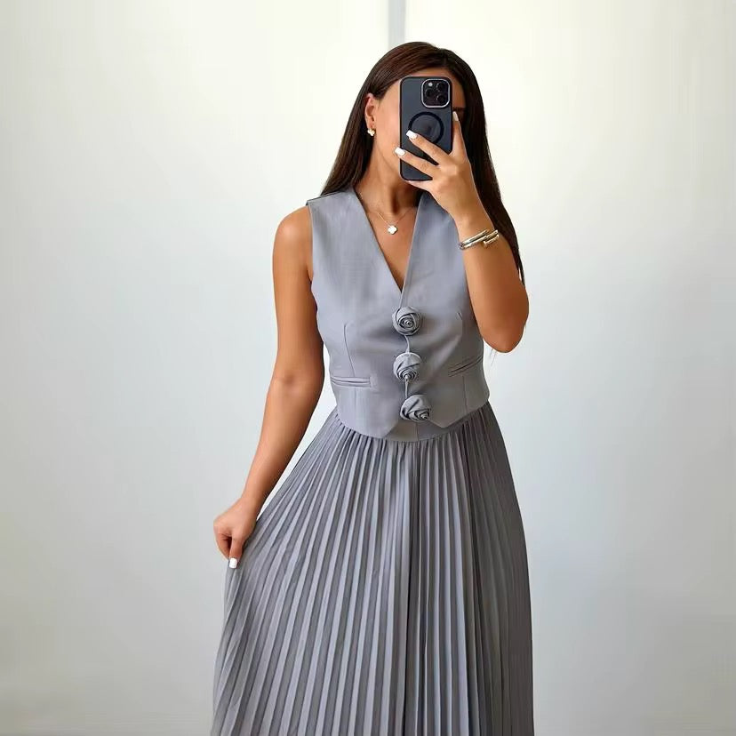 Rosette Top with Pleated Skirt Set