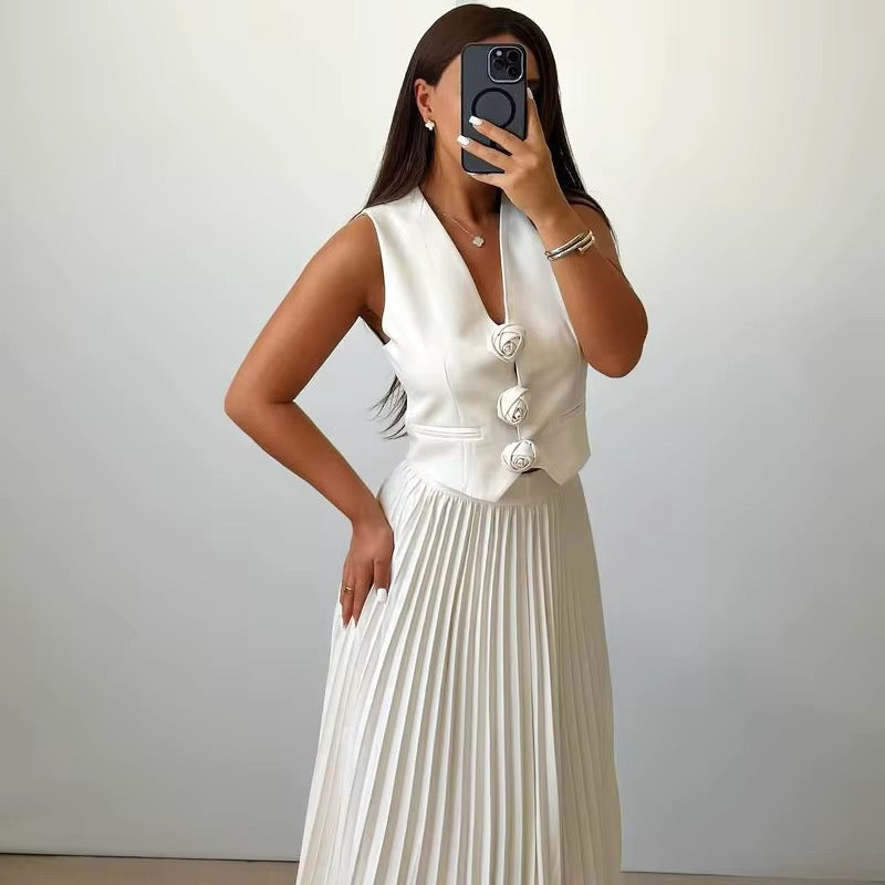 Rosette Top with Pleated Skirt Set