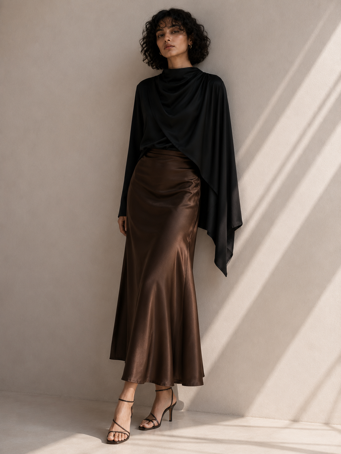 A model wearing a black draped long-sleeve top and a shiny brown satin midi skirt, standing in a minimalist studio with diagonal light shadows.