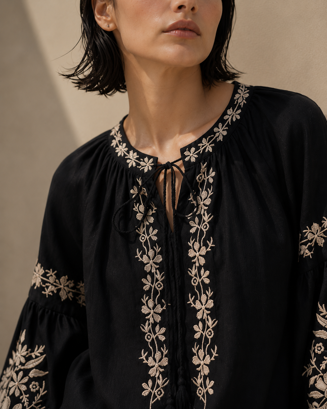 Noir Embroidered Balloon Sleeve Top