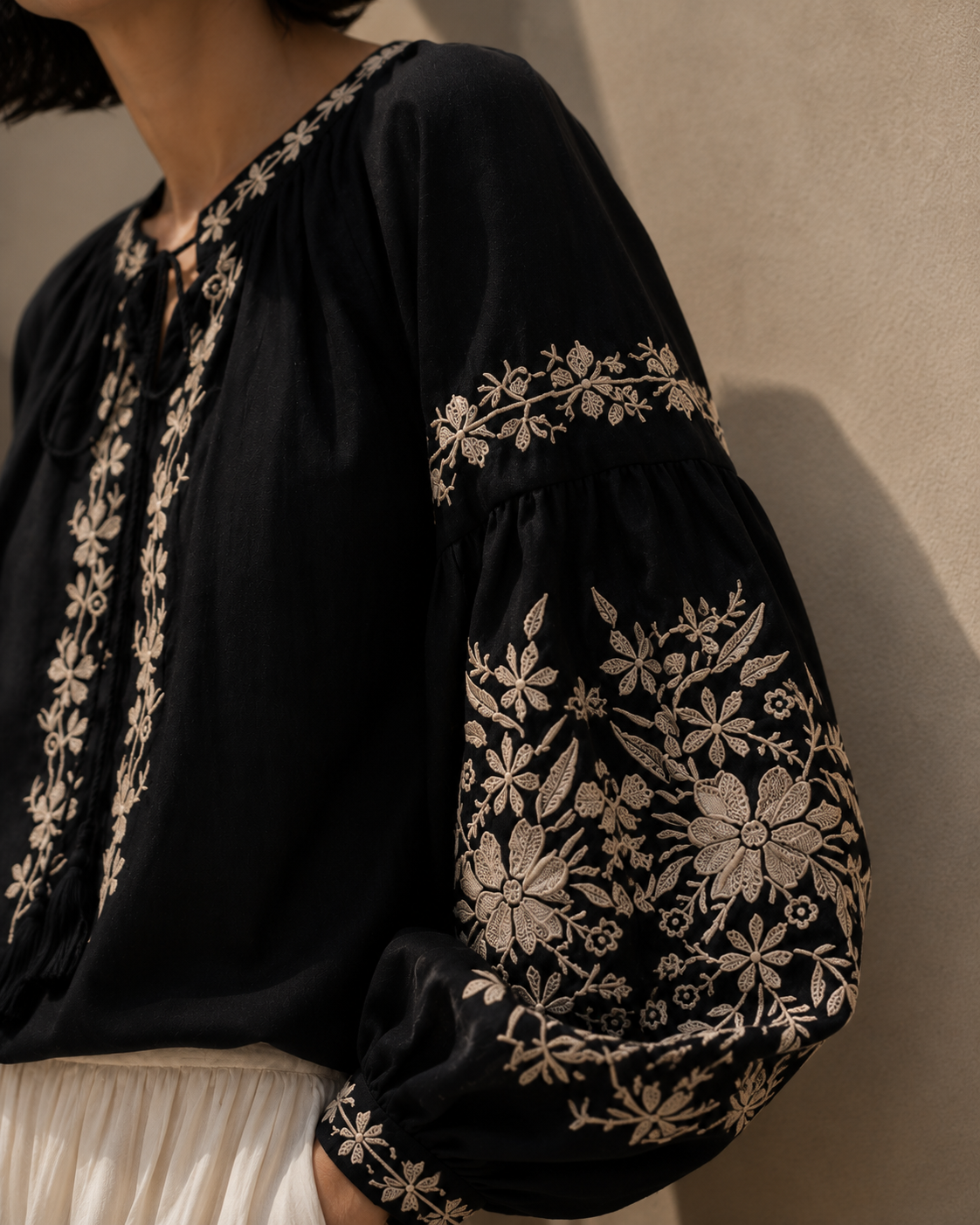 Noir Embroidered Balloon Sleeve Top