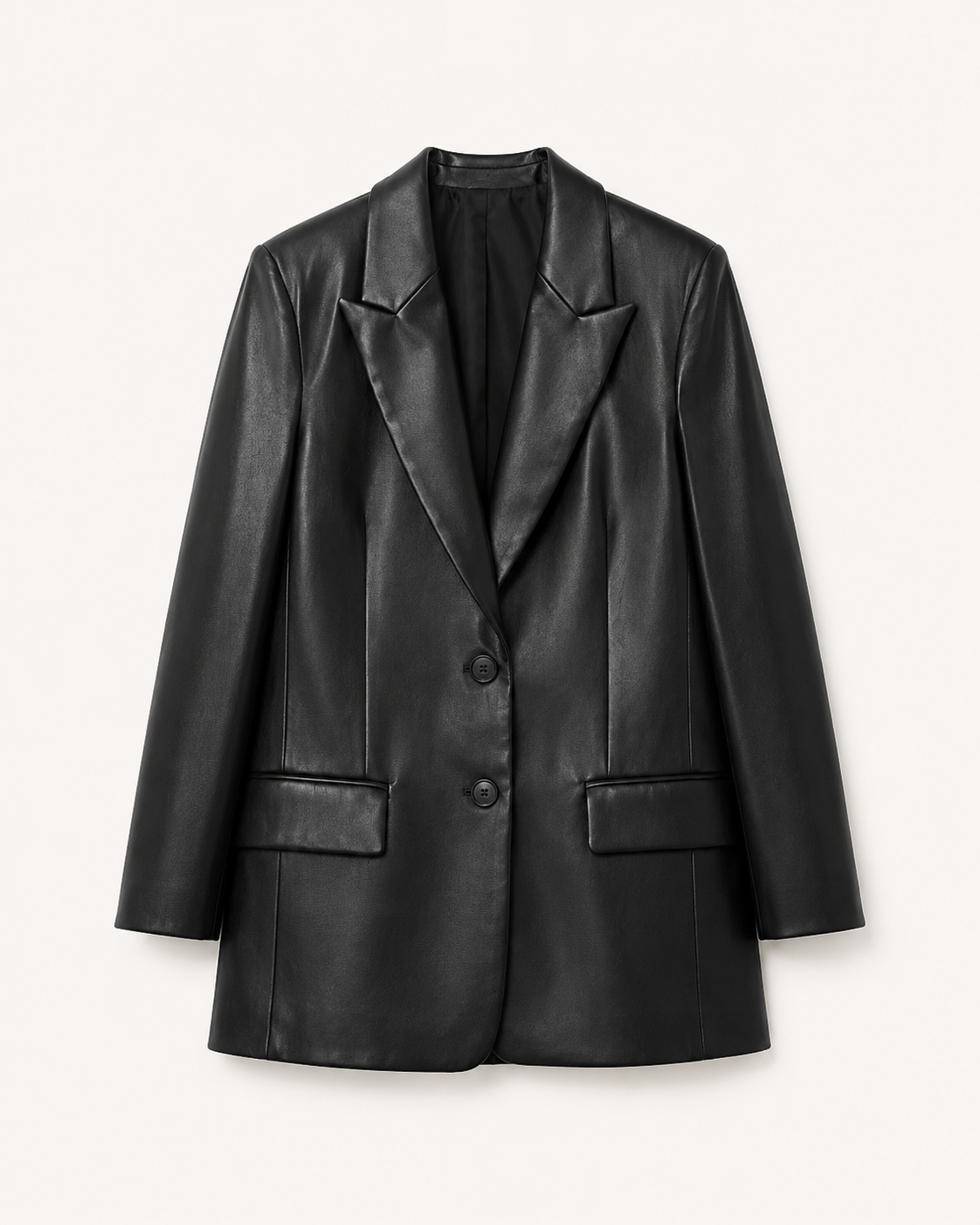 Black leather blazer on a light gray background