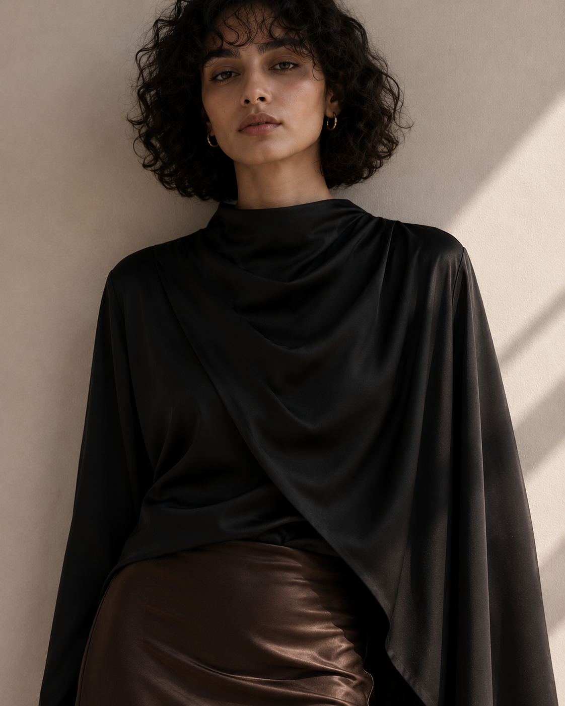 Noir Satin Drape Cape Top