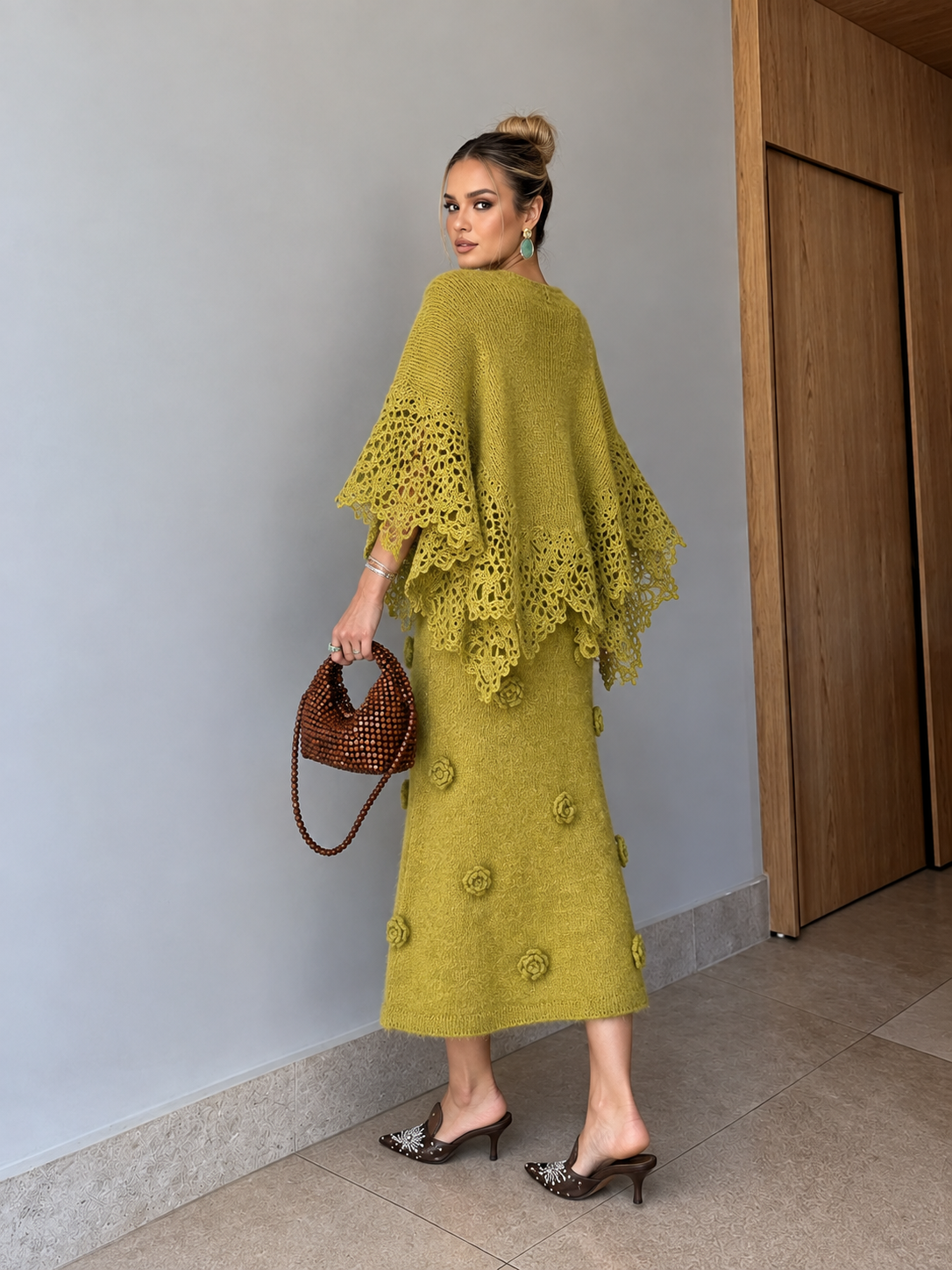 Celeste Chartreuse Knit Cape Co-ord Set