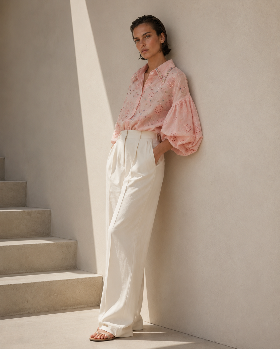 Blush Embellished Puff Sleeve Shirt