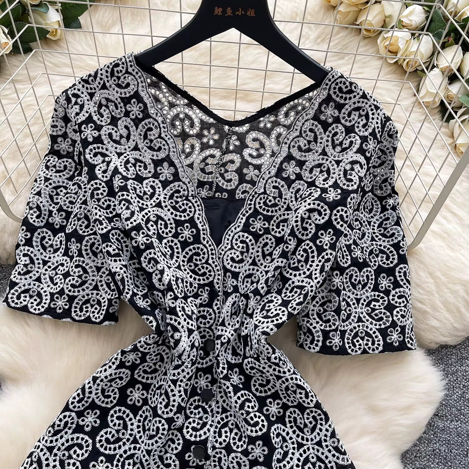 Midnight Muse Lace Mini Dress – Black & White Elegance