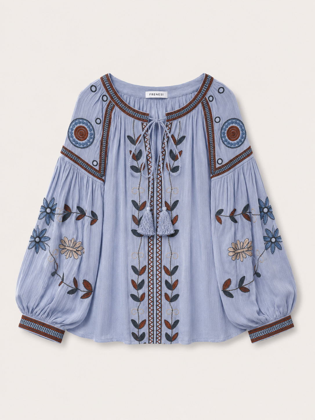 Azure Embroidered Balloon Sleeve Top