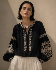 Noir Embroidered Balloon Sleeve Top