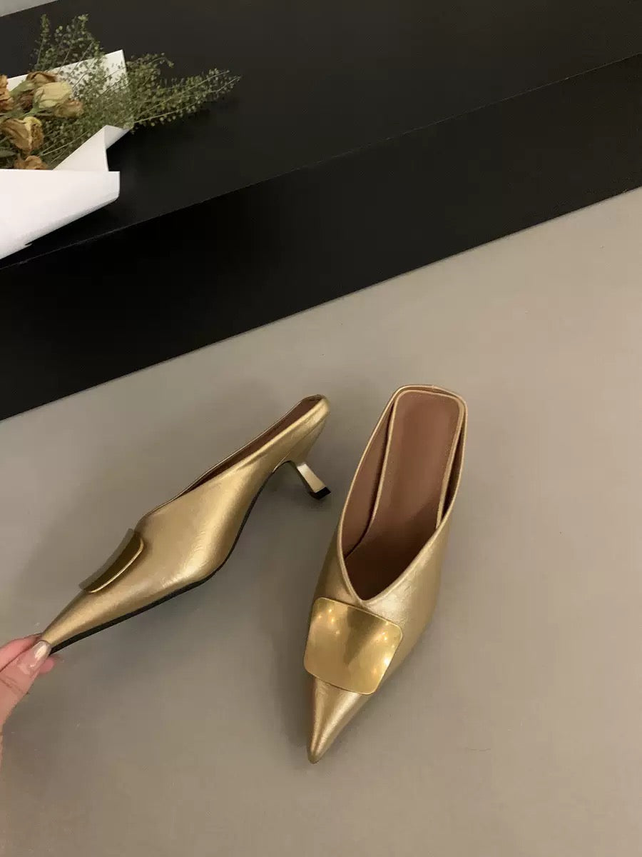 Aurelia Metallic Buckle Pointed-Toe Heels