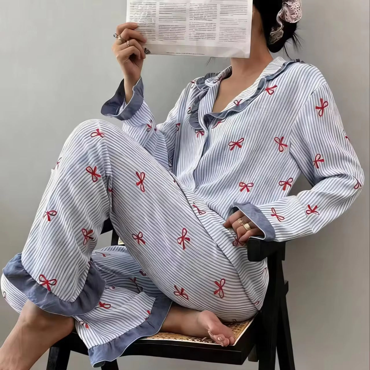 Blue Stripe Bow Detail Pajama Set