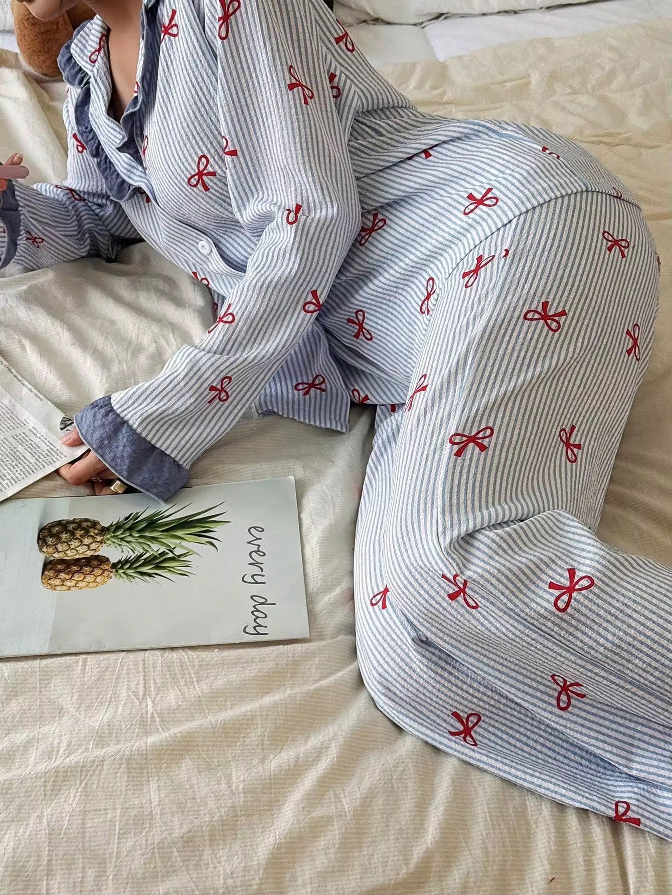 Blue Stripe Bow Detail Pajama Set