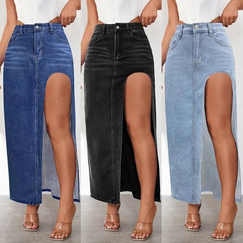 High Slit Denim Skirt - Label Frenesi Fashion