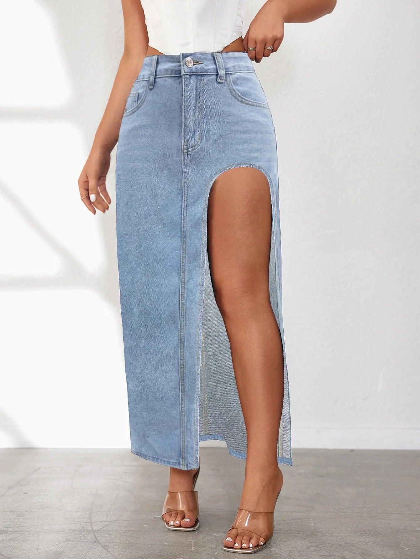 High Slit Denim Skirt - Label Frenesi Fashion