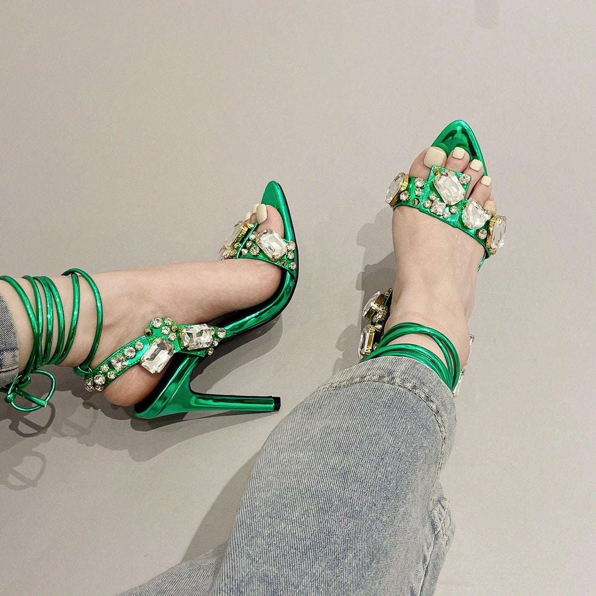 Jeremy Rhinestone Tie Up Heels - Label Frenesi Fashion