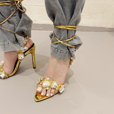 Jeremy Rhinestone Tie Up Heels - Label Frenesi Fashion