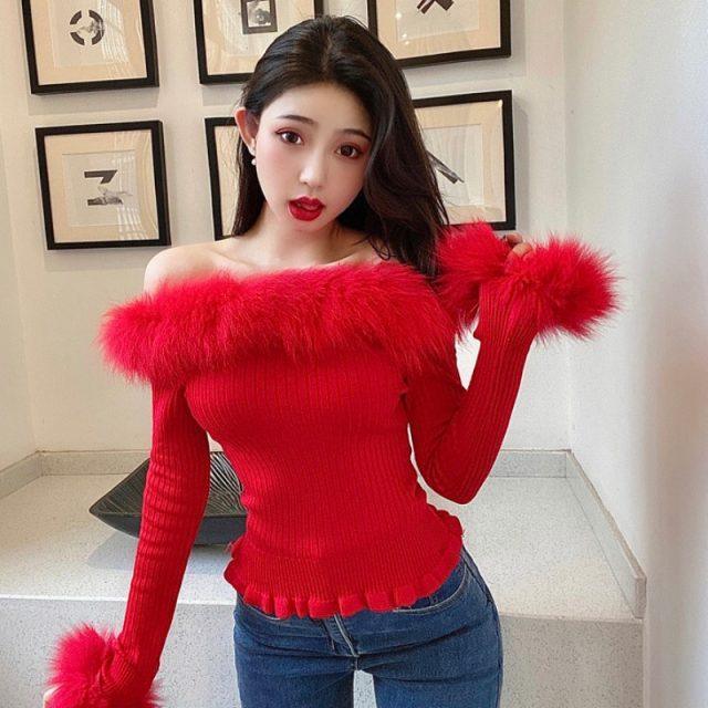 Fur Knit off shoulder  top - Label Frenesi Fashion