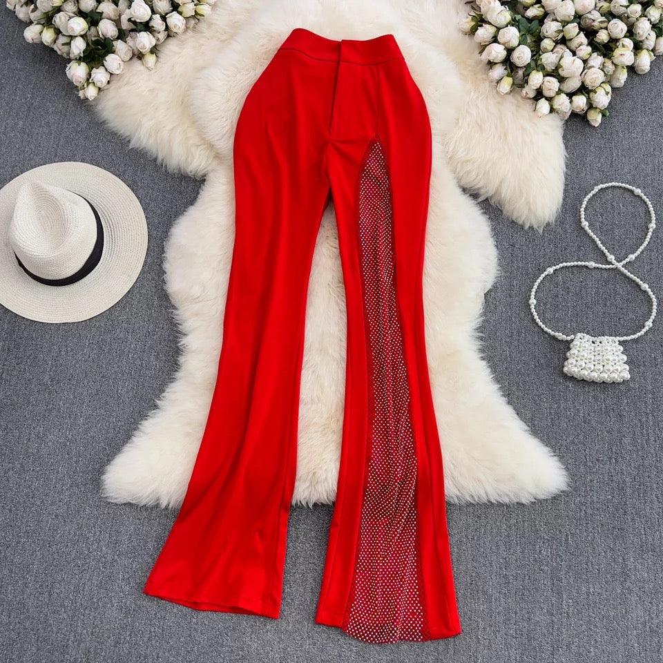 Rhinestone Mesh Slit Pants - Label Frenesi Fashion