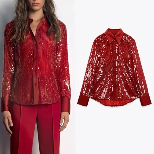 Rony Red Sequin Shirt - Label Frenesi Fashion