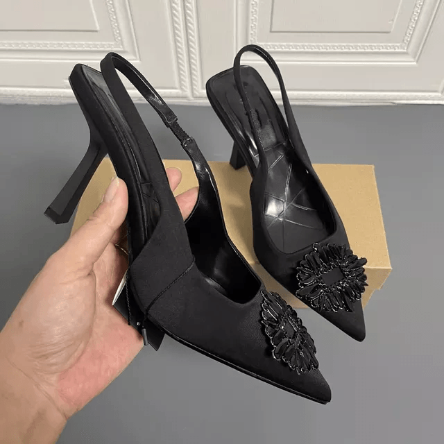 Slingback Black Brooch Heels - Label Frenesi Fashion
