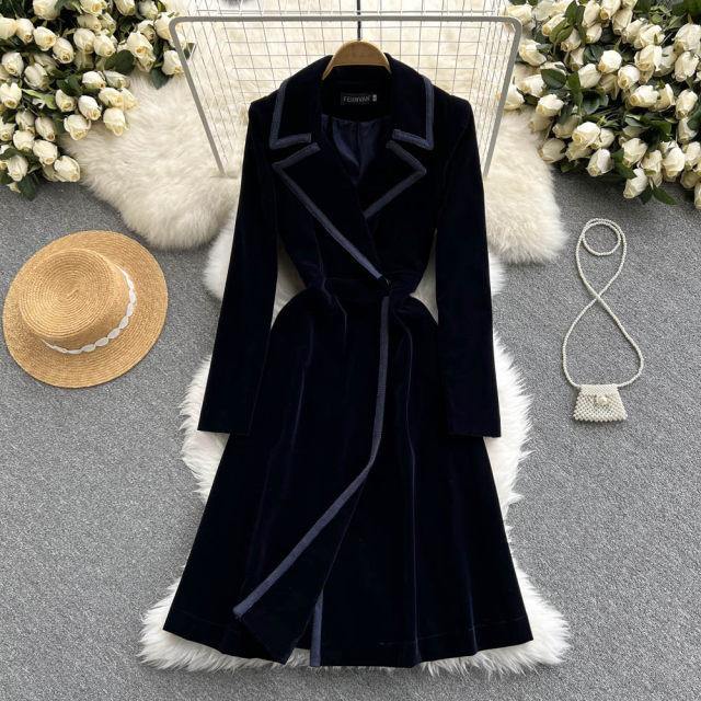 Fashion Long Black Dress Coat Womens Venice Velvet Trench Coats S